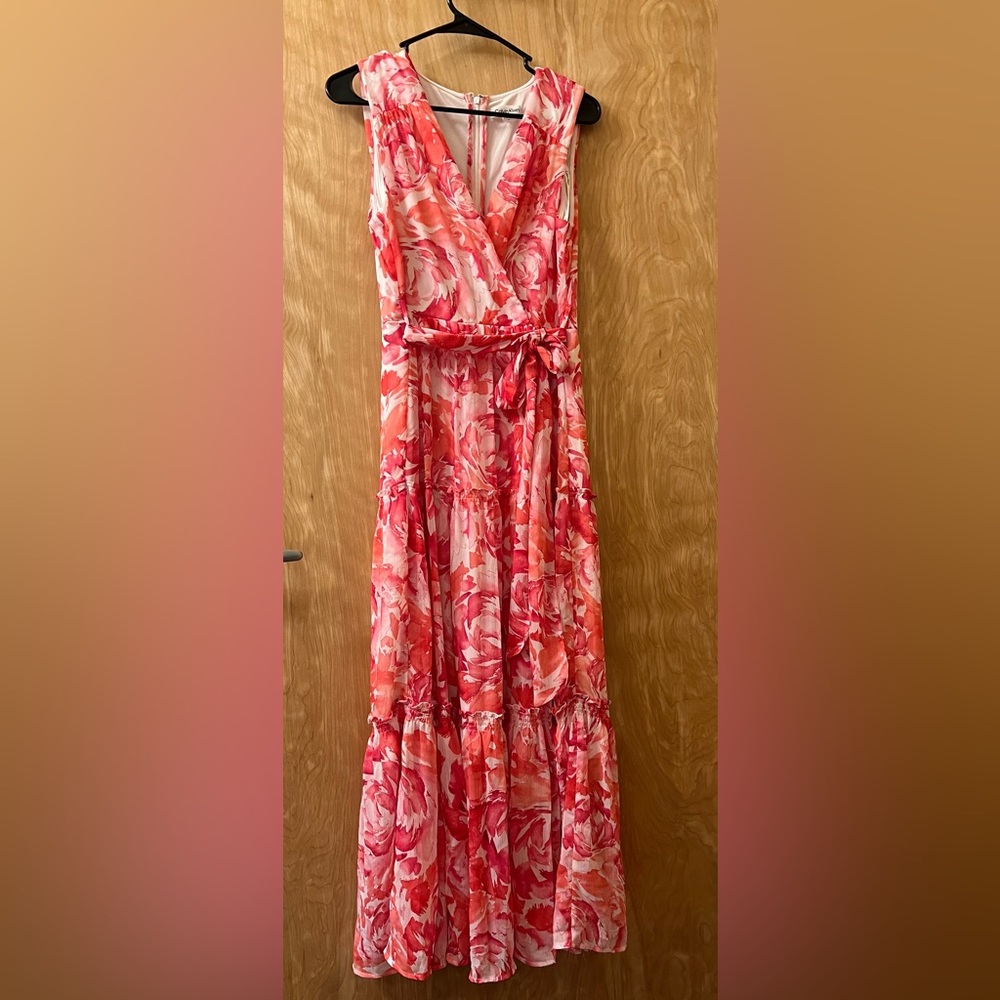 CALVIN KLEIN Womens White Lined Tie Belt Floral Sleeveless Dress Size 10